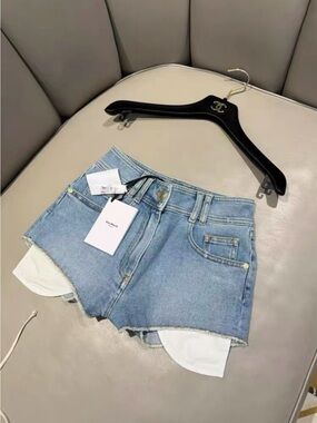 Balmain Faded Blue Denim Frayed-Hem Cutoff Shorts